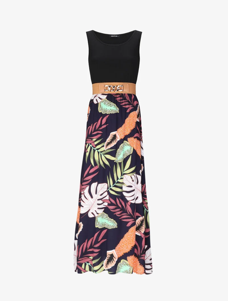 Zweimaterialiges Langarm-Kleid mit tropischem Druck - Marine