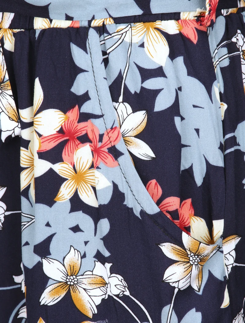 Kurzes fließendes Kleid mit Vanilleblumenmuster - Marine