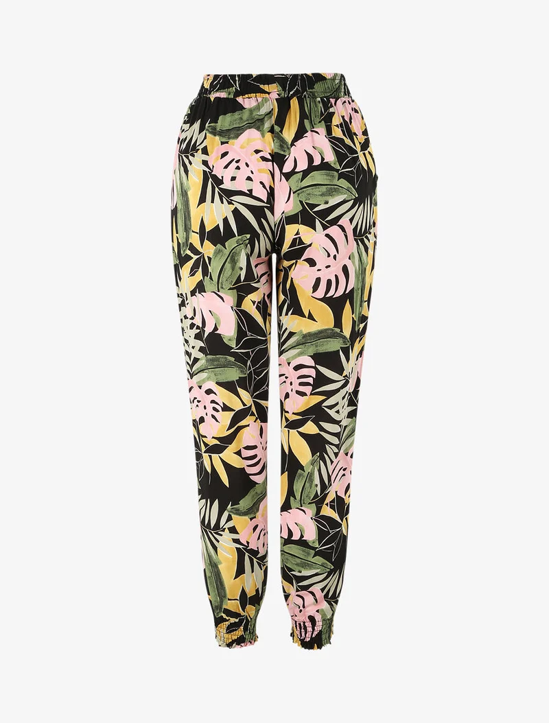 Fließende Hose mit tropischem Blumenmuster und elastischen Rändern - Schwarz