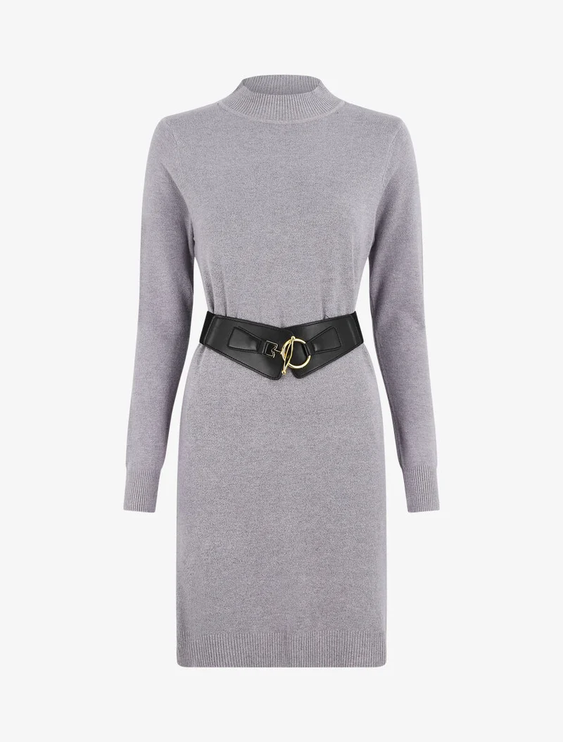Kurzes Strickkleid mit Stehkragen - Grau