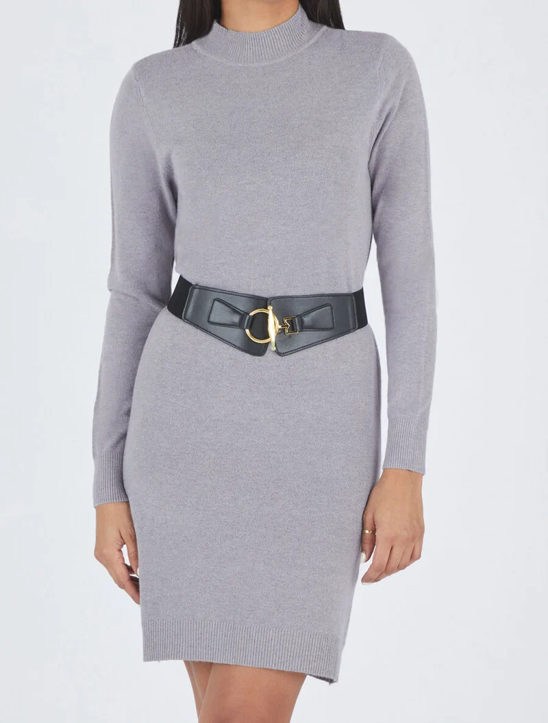 Kurzes Strickkleid mit Stehkragen - Grau