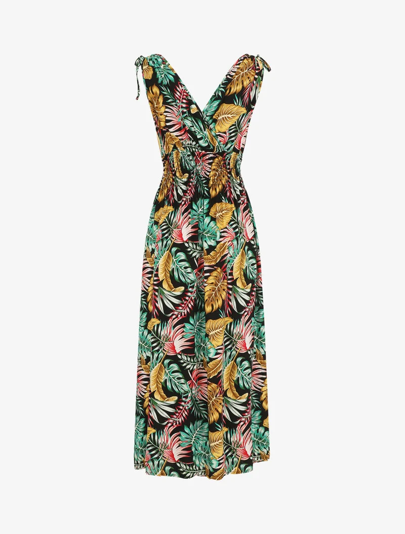 Langes elastisches Kleid mit Blattdruck - Schwarz