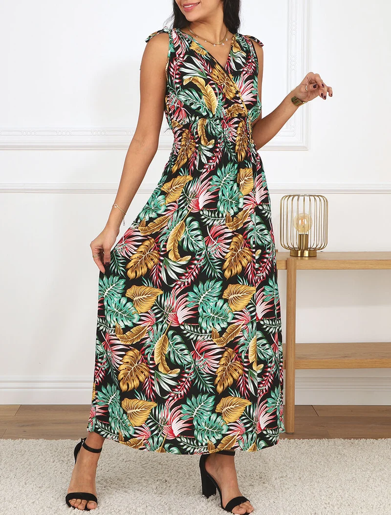 Langes elastisches Kleid mit Blattdruck - Schwarz