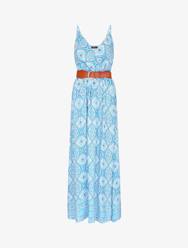 Empire-Langkleid mit Tuchdruck - Blau