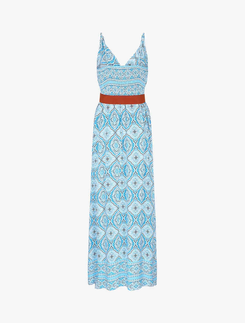 Empire-Langkleid mit Tuchdruck - Blau