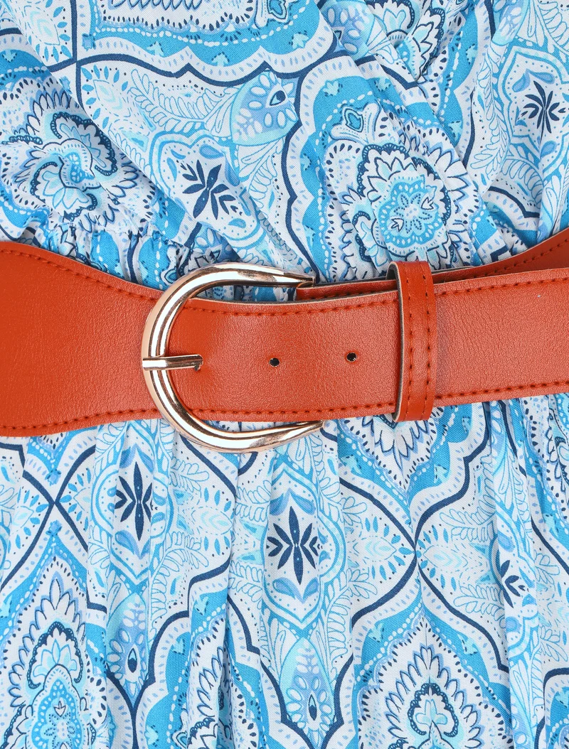 Empire-Langkleid mit Tuchdruck - Blau