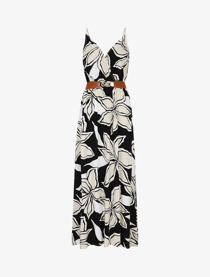 Langes Kleid mit großem Blumenmuster - Schwarz