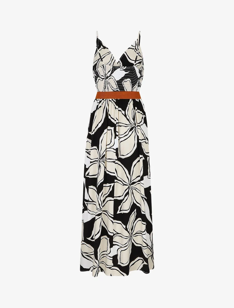 Langes Kleid mit großem Blumenmuster - Schwarz