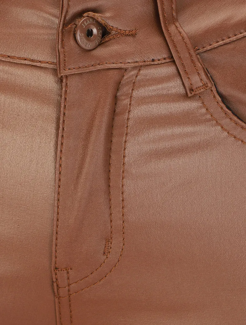 Einfarbige Hose in Kunstleder - Braun