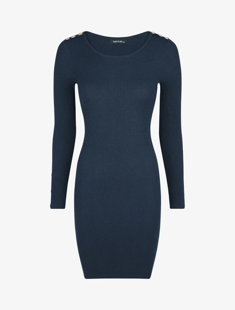 Geripptes figurbetontes Kleid mit langen Ärmeln - Marine