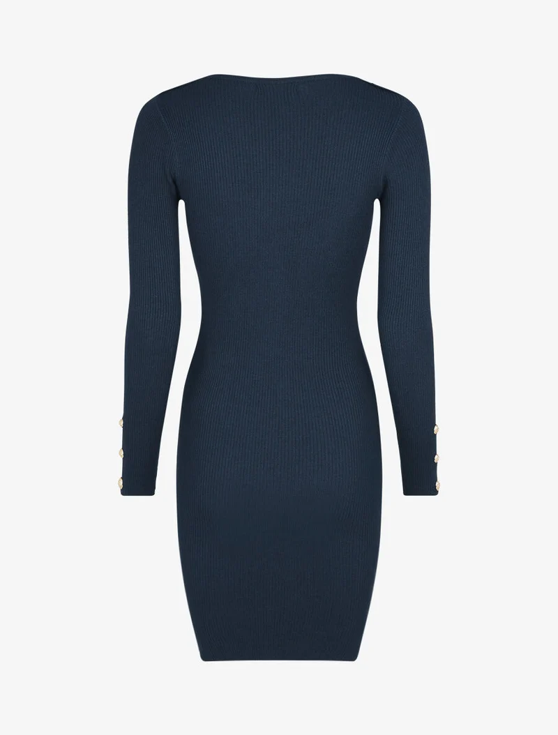 Geripptes figurbetontes Kleid mit langen Ärmeln - Marine