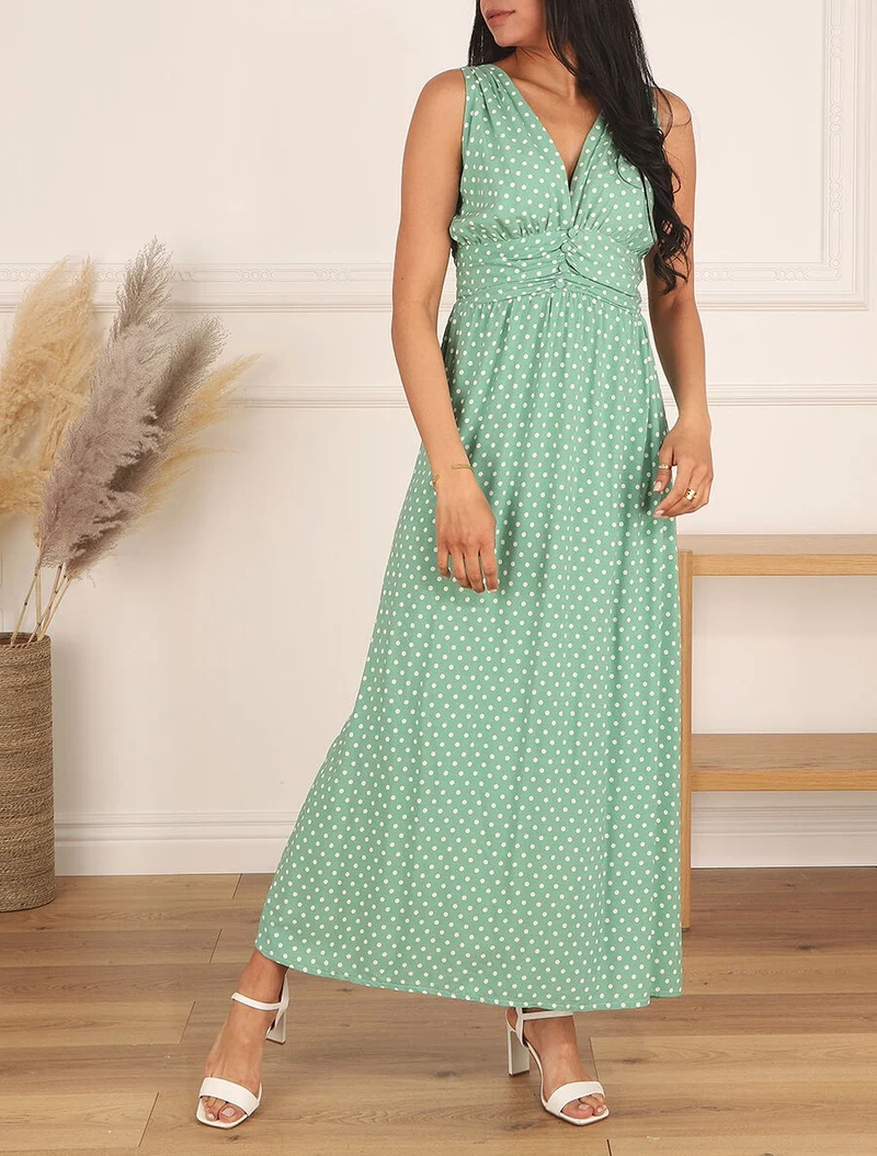 Ärmelloses langes gepunktetes Kleid - Wassergrün