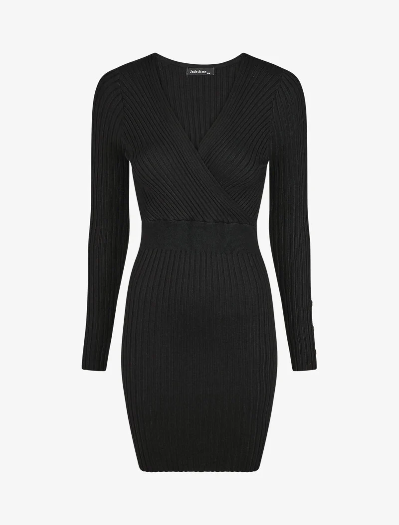 Schlichtes figurbetontes Kleid mit Wickelausschnitt - Schwarz