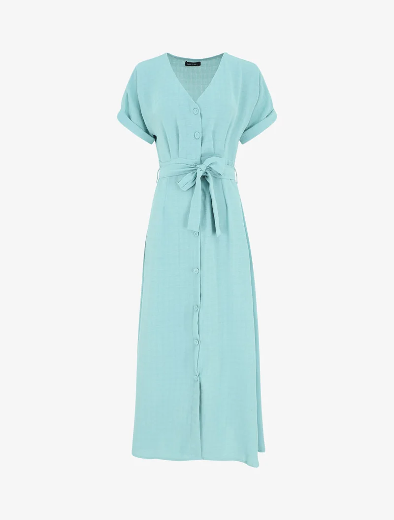 Einfarbiges langes Kleid mit Gürtel - Türkis
