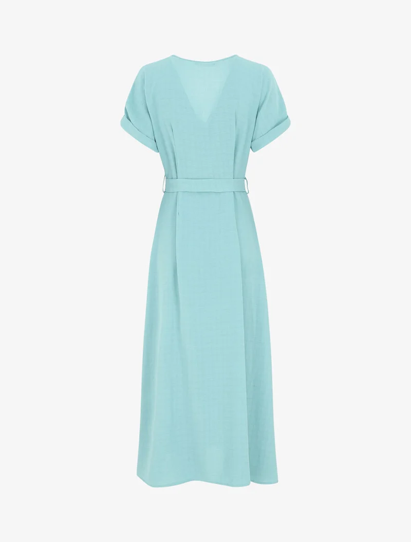 Einfarbiges langes Kleid mit Gürtel - Türkis