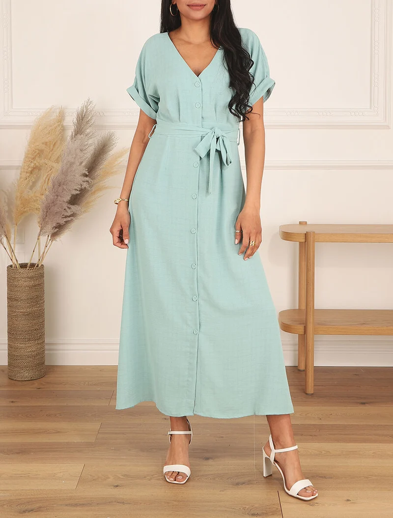 Einfarbiges langes Kleid mit Gürtel - Türkis