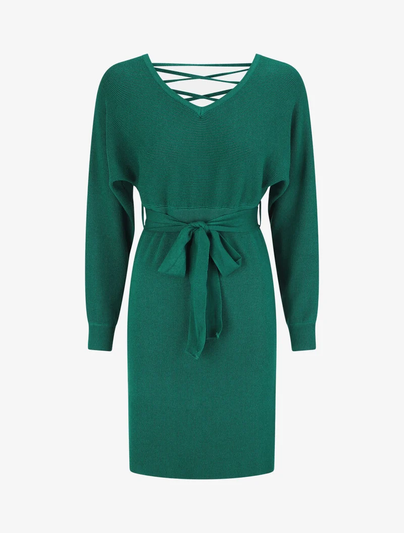 Knielanges Kleid mit Rückenausschnitt. - Tannengrün