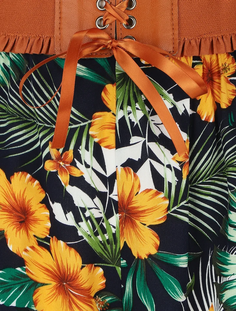 Taillenhose im Korsettstil mit Blumenmuster - Marine