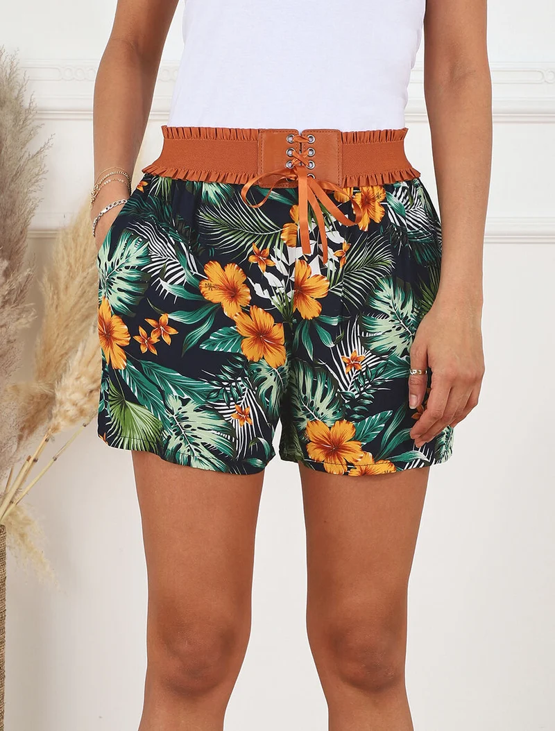 Taillenhose im Korsettstil mit Blumenmuster - Marine
