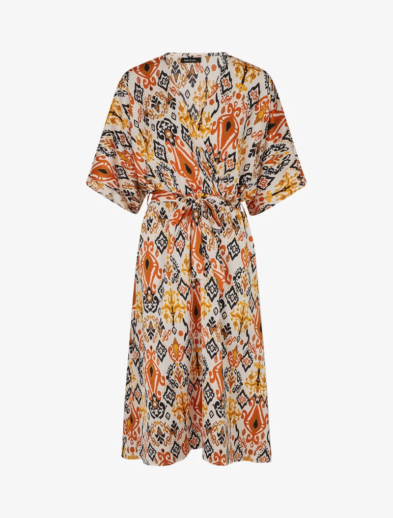 Langes Kleid im Kimono-Stil mit Aztekenmuster - Braun