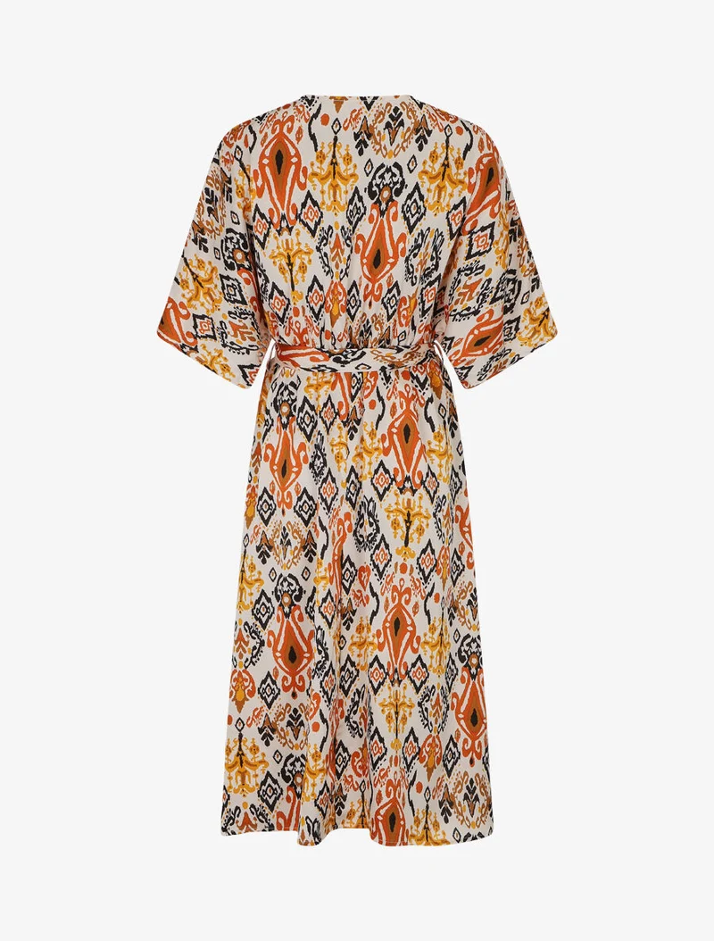 Langes Kleid im Kimono-Stil mit Aztekenmuster - Braun