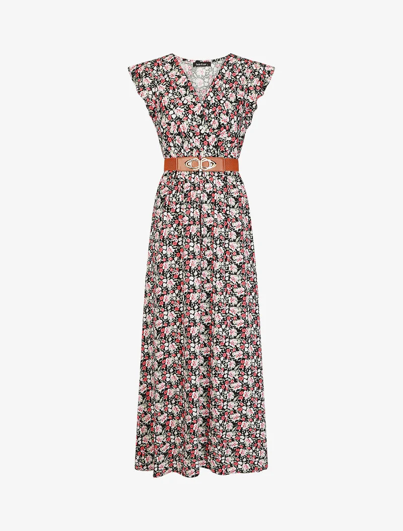 Langes Kleid mit kleinen Blumenmuster und Rüschenärmeln - Schwarz