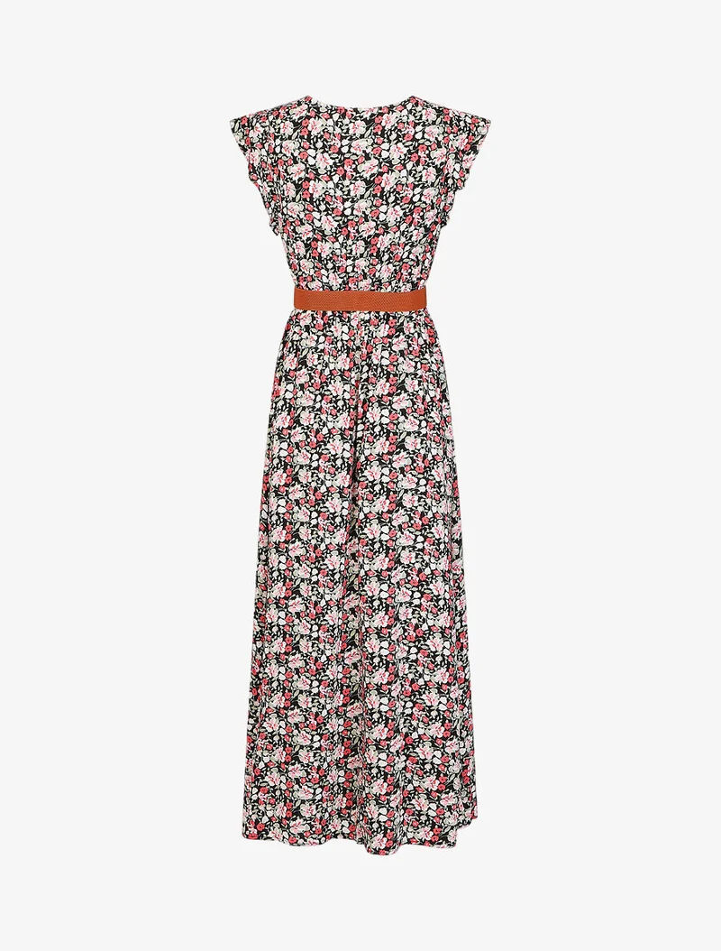 Langes Kleid mit kleinen Blumenmuster und Rüschenärmeln - Schwarz