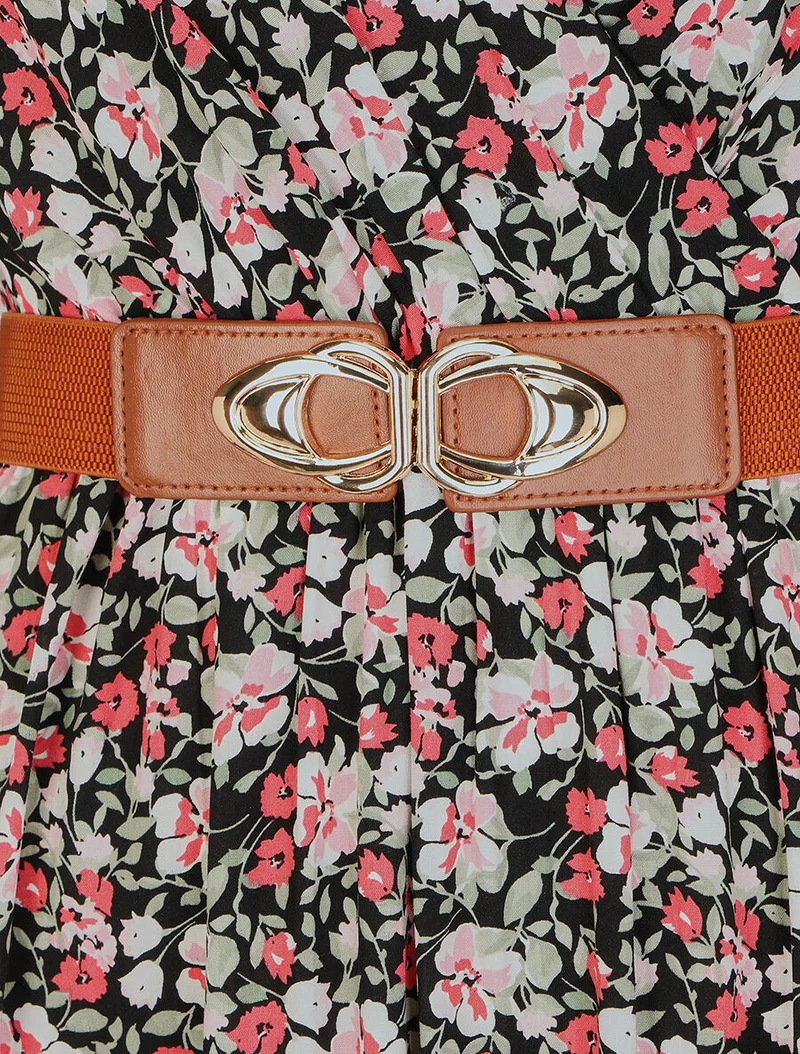 Langes Kleid mit kleinen Blumenmuster und Rüschenärmeln - Schwarz