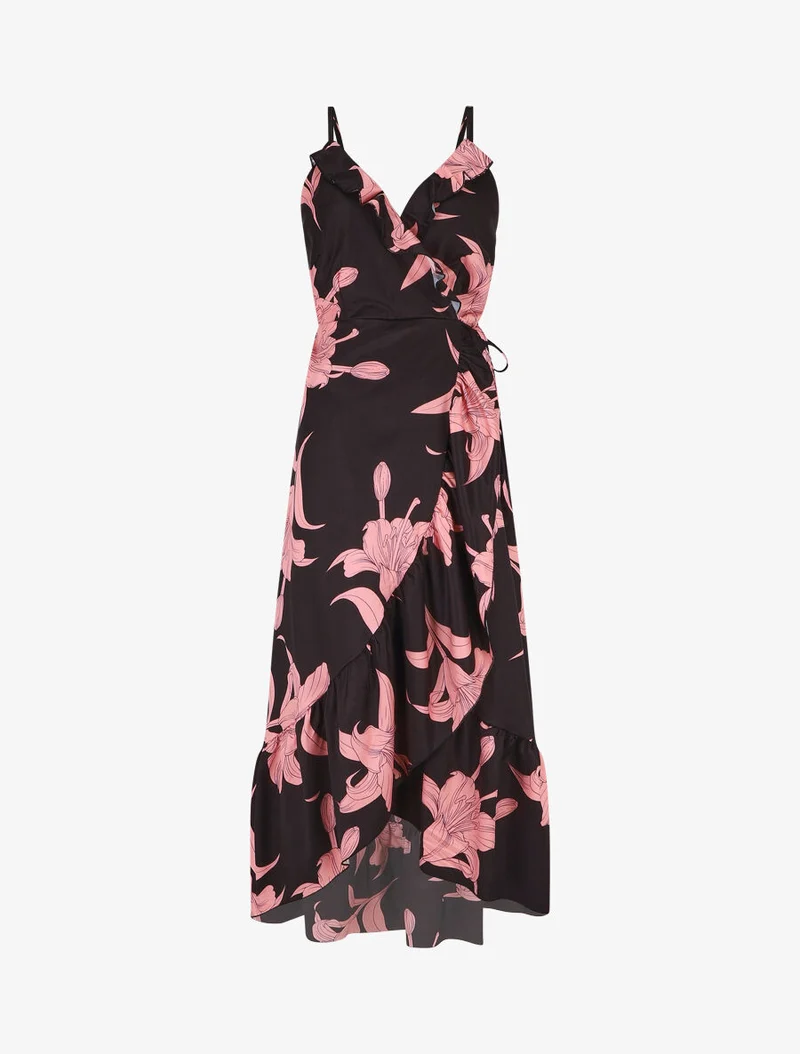 Asymmetrisches langes Kleid mit großem Blumenmuster - Schwarz