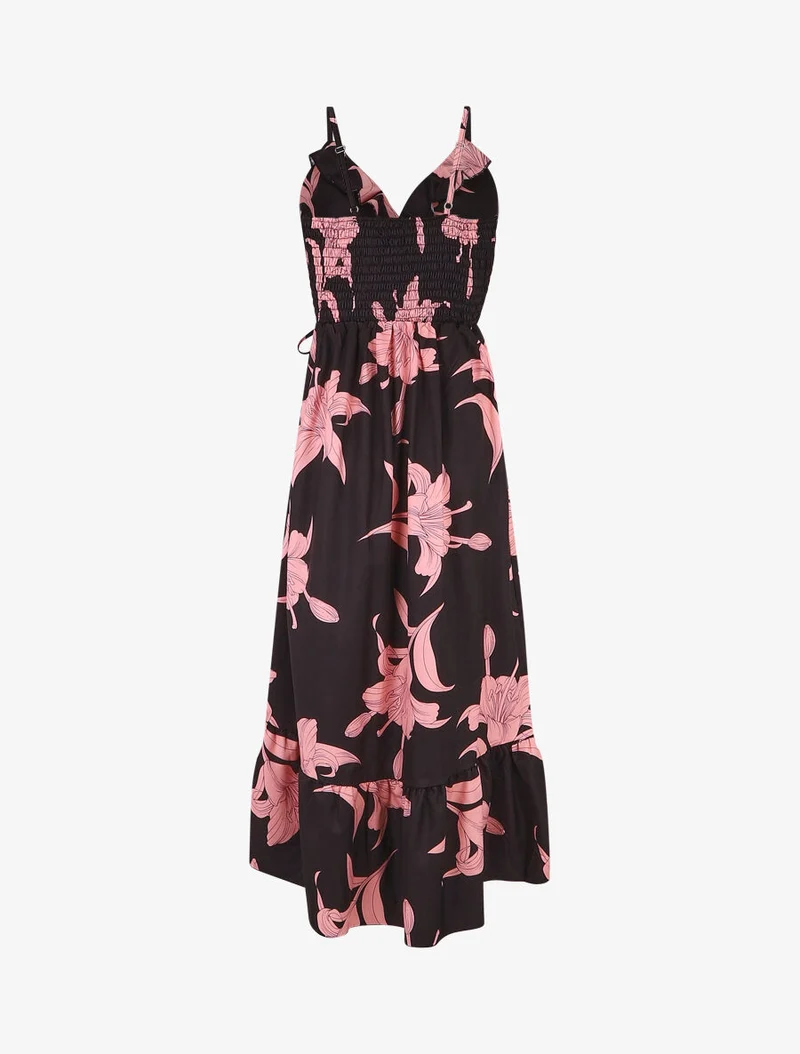 Asymmetrisches langes Kleid mit großem Blumenmuster - Schwarz