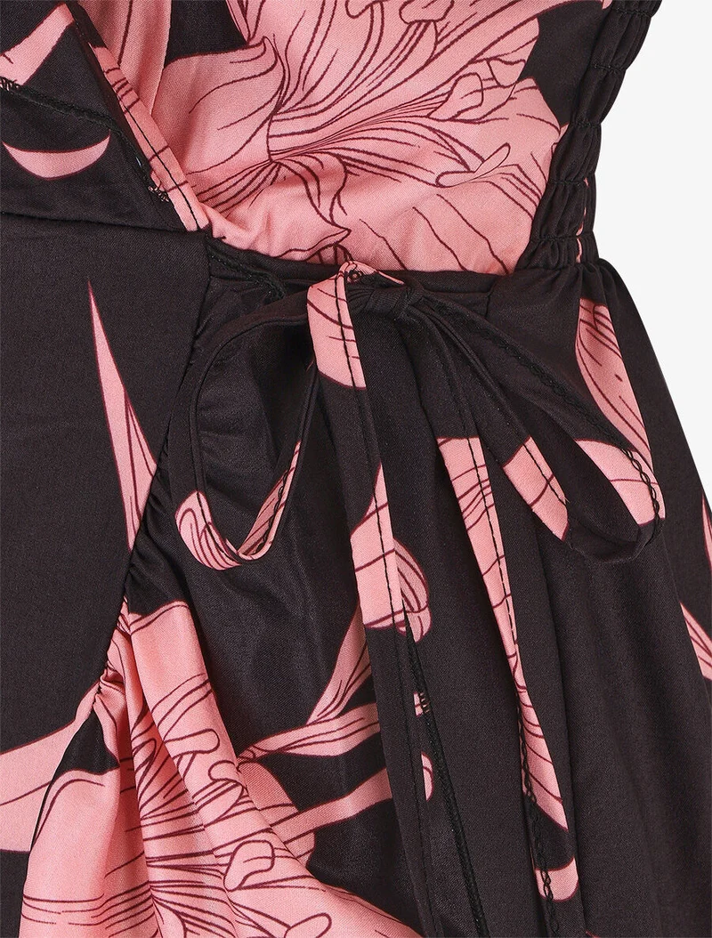 Asymmetrisches langes Kleid mit großem Blumenmuster - Schwarz