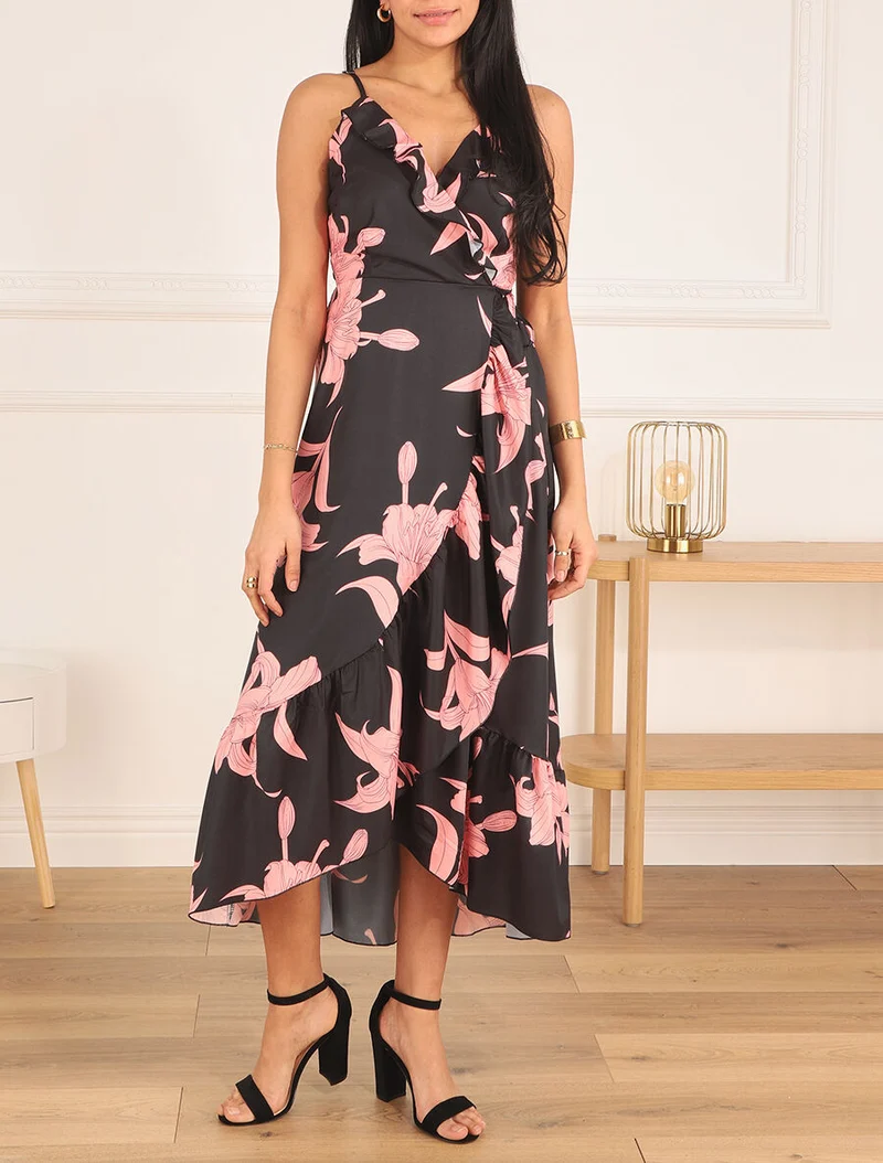 Asymmetrisches langes Kleid mit großem Blumenmuster - Schwarz