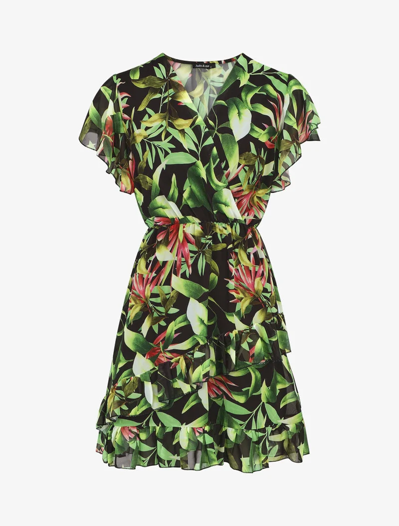 Kurzes Kleid mit Volants und tropischem Print - Schwarz