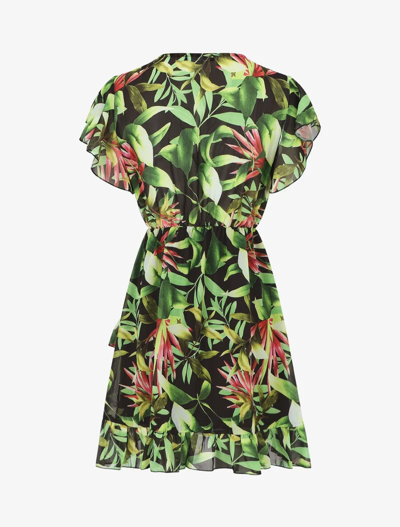 Kurzes Kleid mit Volants und tropischem Print - Schwarz