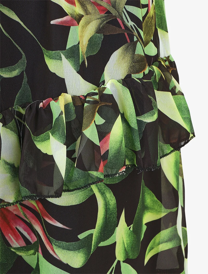 Kurzes Kleid mit Volants und tropischem Print - Schwarz