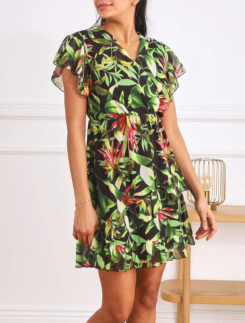 Kurzes Kleid mit Volants und tropischem Print - Schwarz