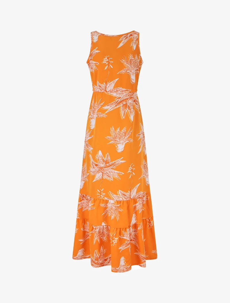 Langes gerades Kleid mit Blumenmuster - Orange