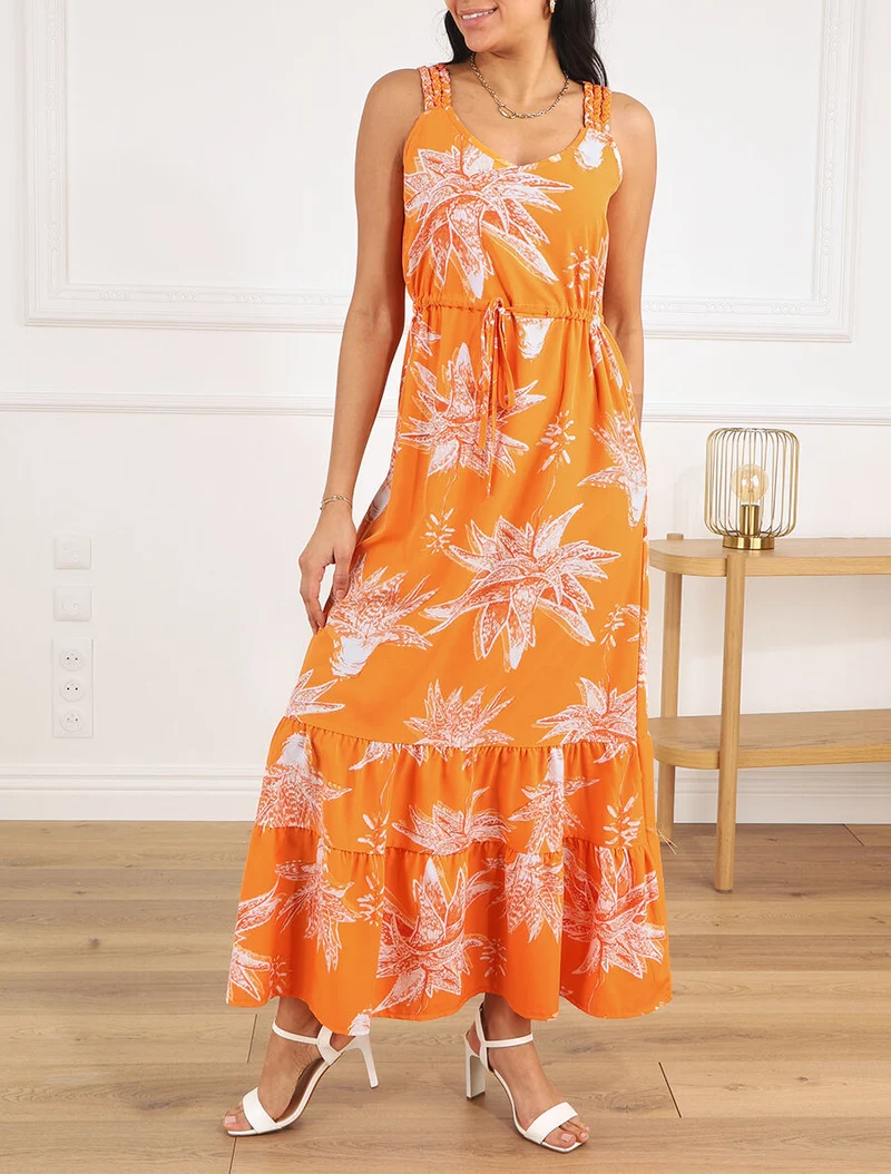 Langes gerades Kleid mit Blumenmuster - Orange