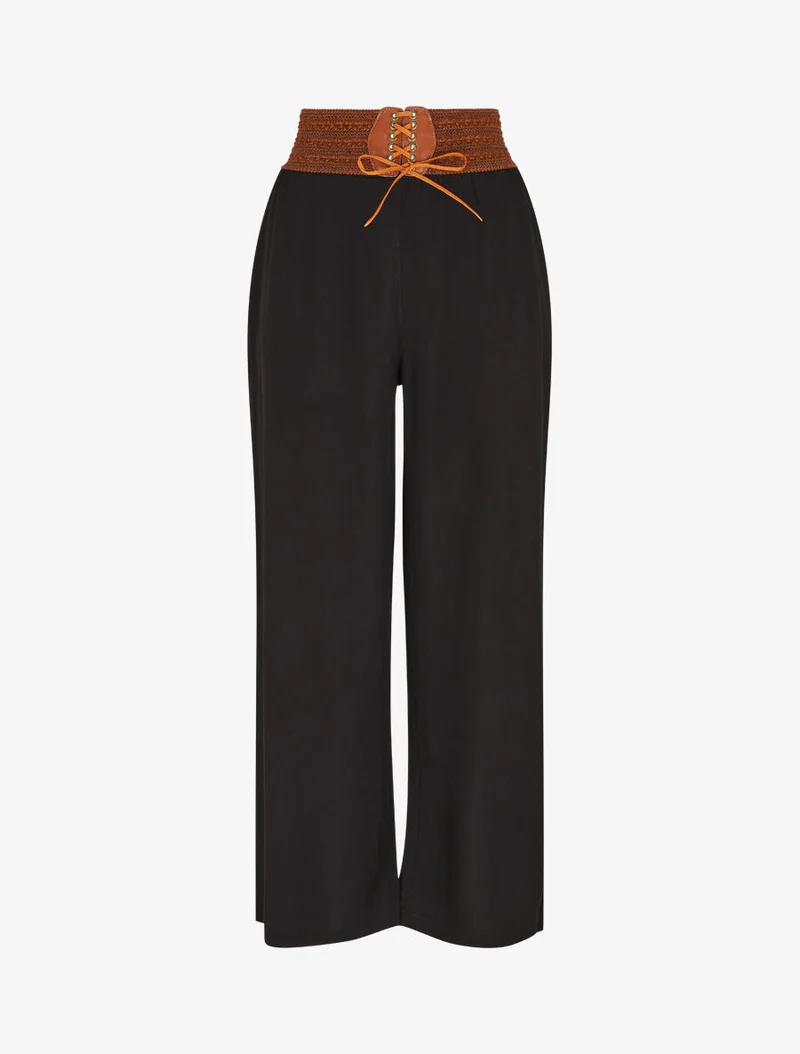 Einfarbige High-Waist-Hose im Korsett-Stil - Schwarz