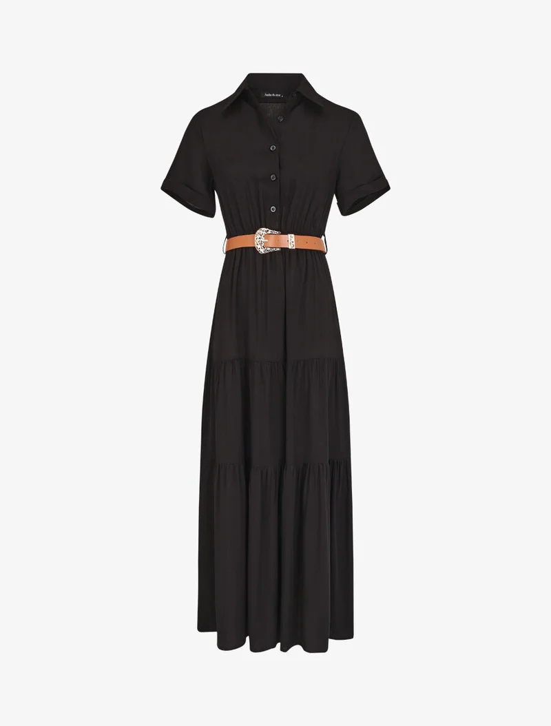 Langes einfarbiges Kleid mit elastischer Taille - Schwarz
