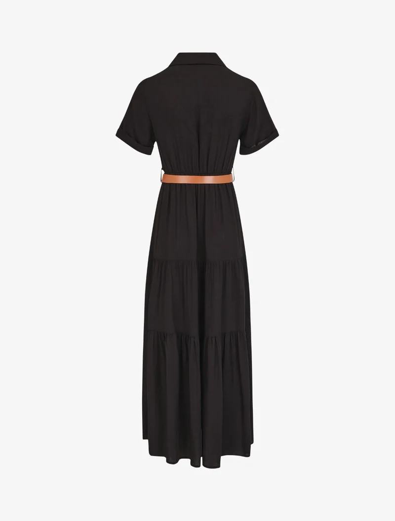 Langes einfarbiges Kleid mit elastischer Taille - Schwarz