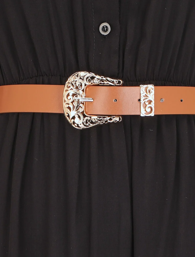 Langes einfarbiges Kleid mit elastischer Taille - Schwarz