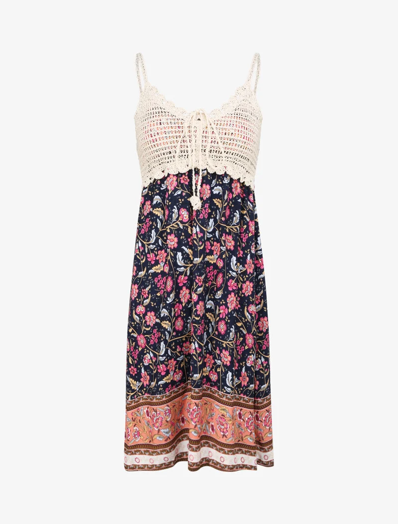 Kontrastiertes Kleid mit floralem und grafischem Print - Marine