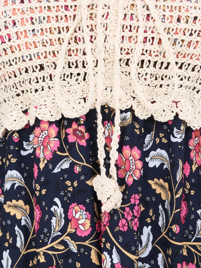 Kontrastiertes Kleid mit floralem und grafischem Print - Marine