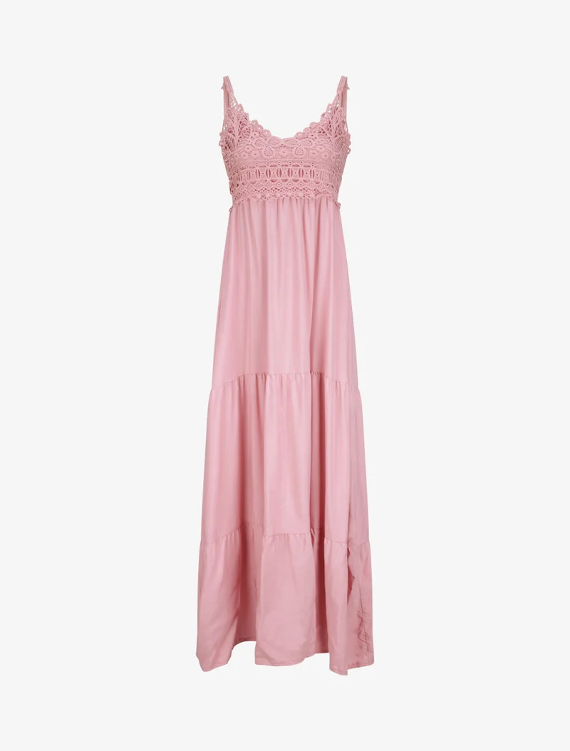 Langes Empirekleid mit V-Ausschnitt aus Spitze - Rose