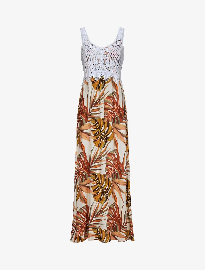 Langes Kleid mit exotischem Blätterdruck und Häkelarbeit - Beige