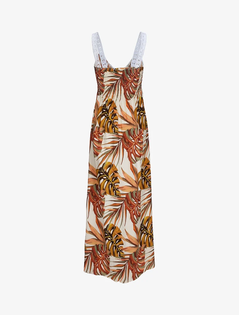 Langes Kleid mit exotischem Blätterdruck und Häkelarbeit - Beige