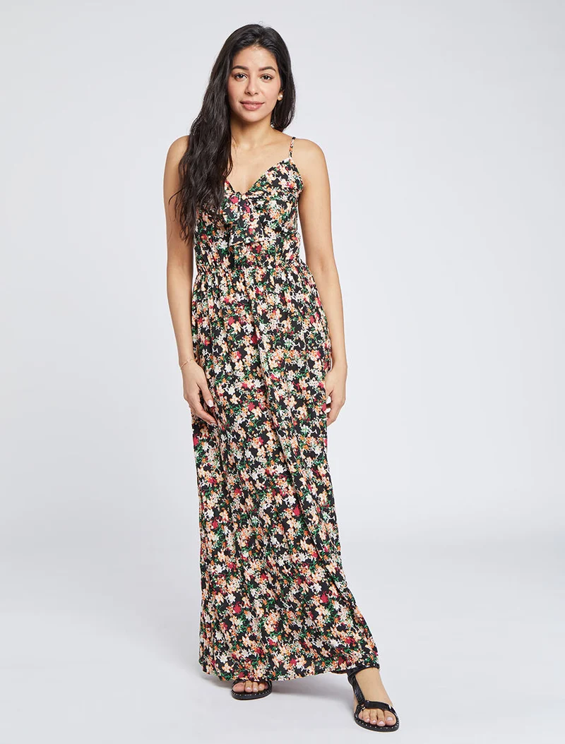 Langes Kleid mit Blumenmuster im Empire-Stil - Schwarz