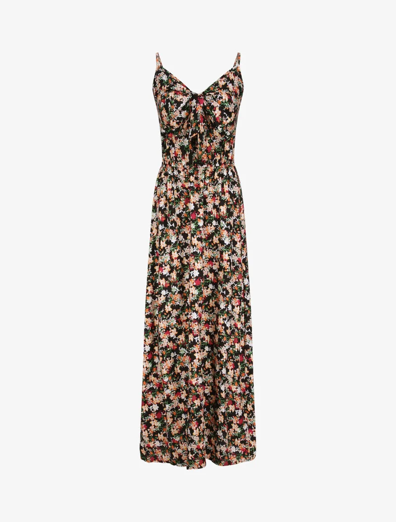 Langes Kleid mit Blumenmuster im Empire-Stil - Schwarz