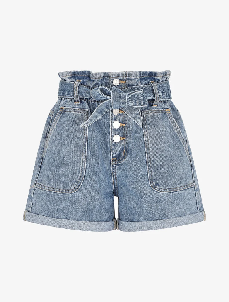 Kurze Paperbag-Hose mit hoher Taille - Denimblau